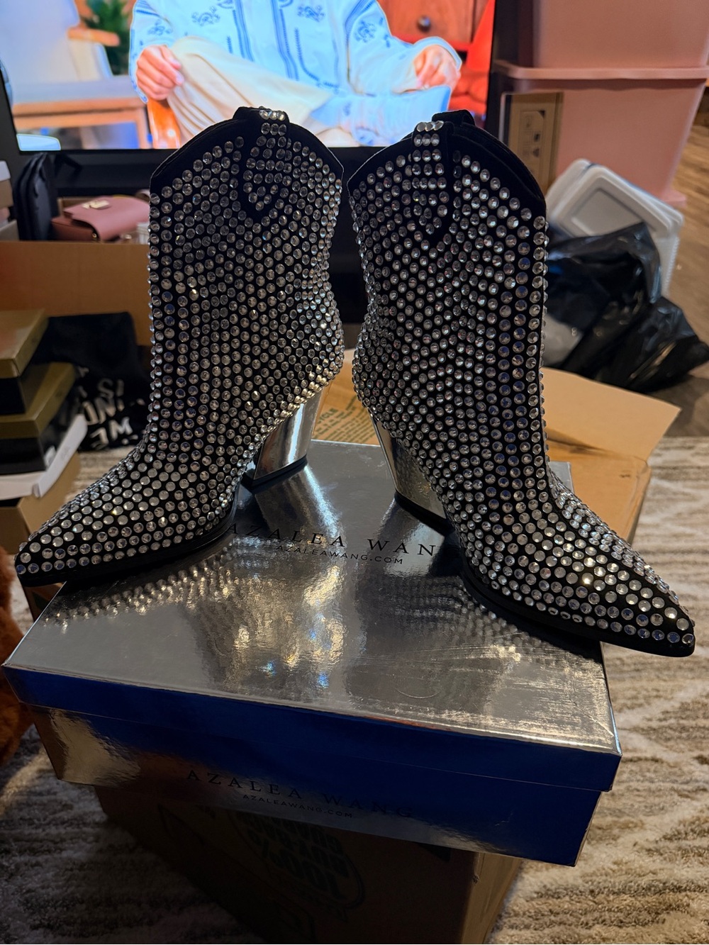 Azalea Wang Black Crystal Western Ankle Boots
